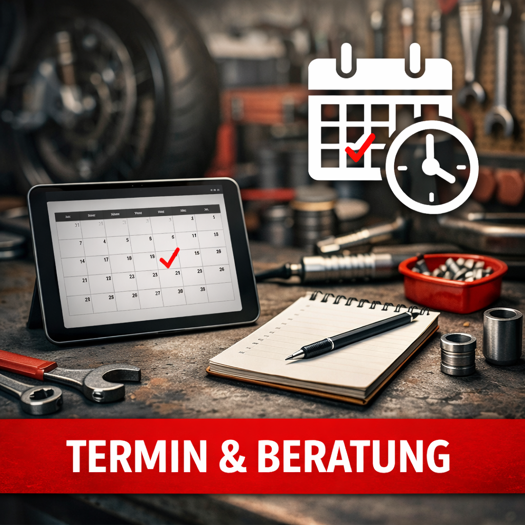 Werkstatt mit Kalender, Notizbuch, Stift, Werkzeugen und autonähen auf Arbeitstisch, Symbol für Termin und Beratung, Text "TERMIN & BERATUNG"