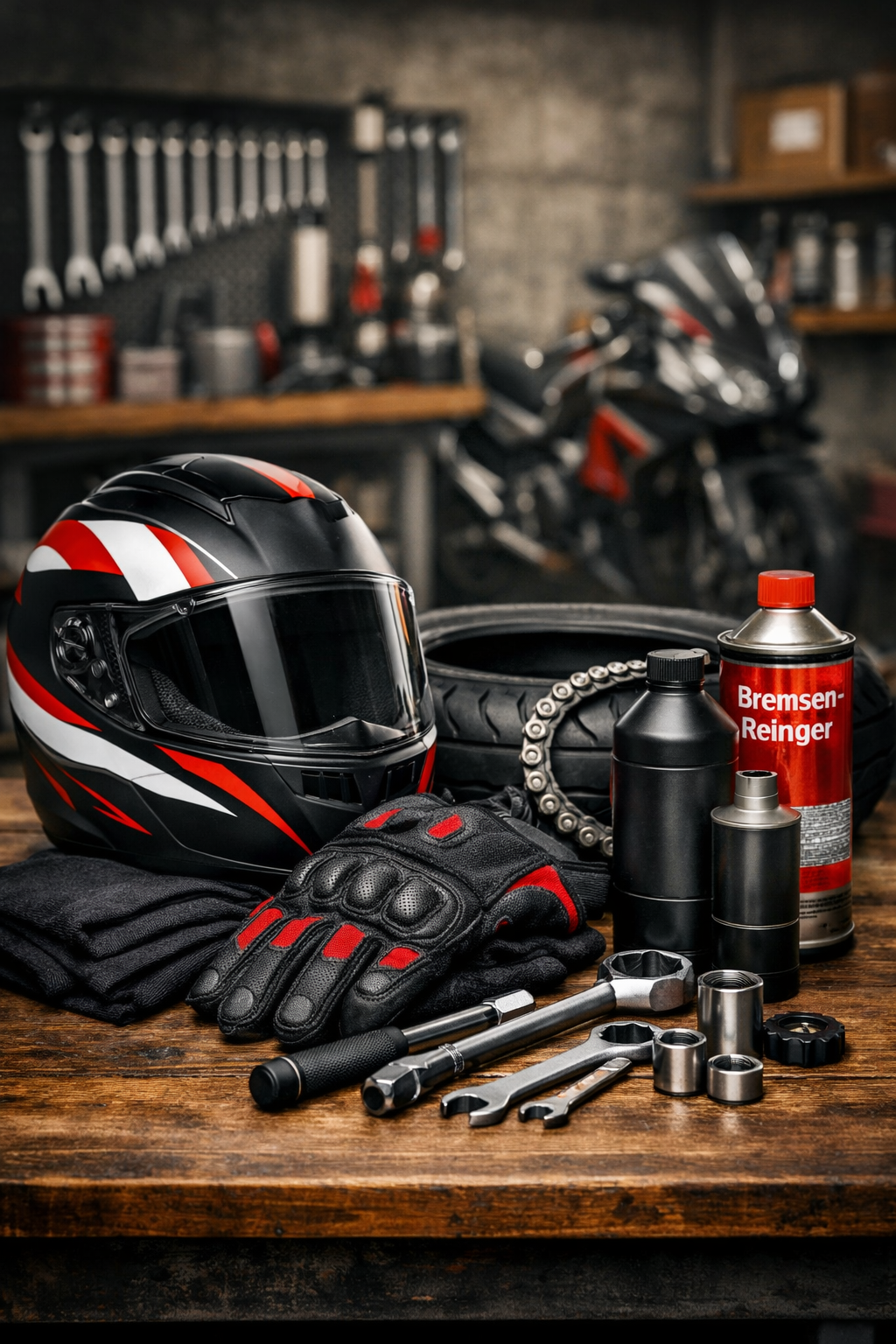 Motorrad-Werkzeugset mit Helm, Handschuhen, Reinigungsmitteln und Werkzeugen auf einem Holzarbeitsplatte in der Werkstatt.