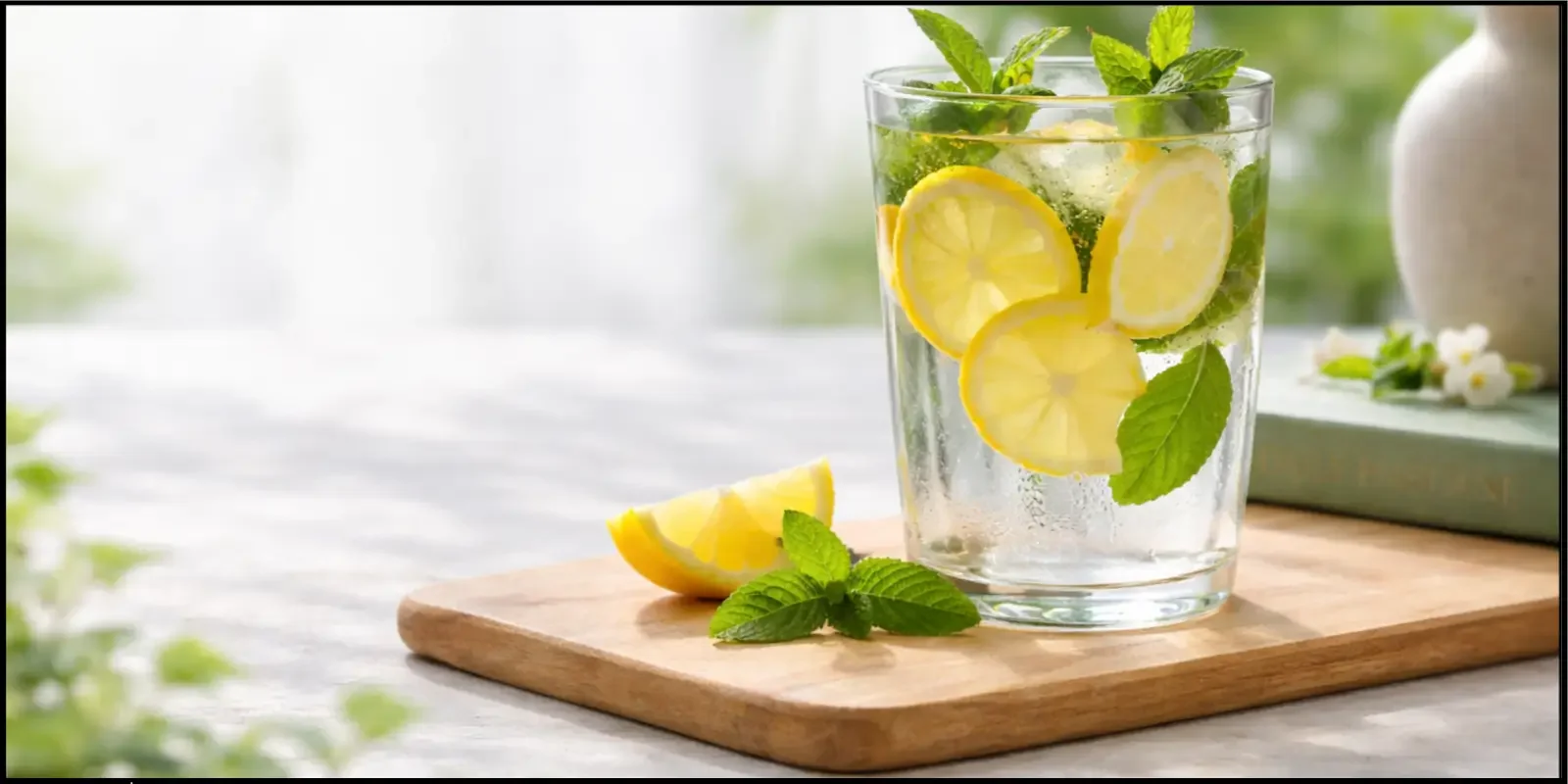 Lemon water with fresh herbs and citrus