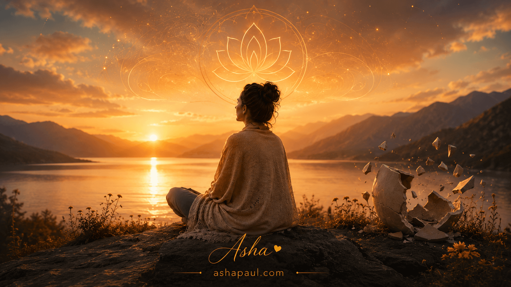 Asha Paul Supraconsciousness program graphic featuring a meditating silhouette at golden sunset with sacred geometry lotus for brainwave meditation.
