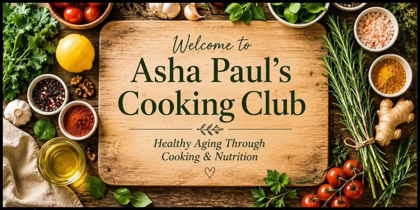 Asha Paul’s Cooking Club teaching healthy cooking, nutrition, ingredient education, and healthy aging.
