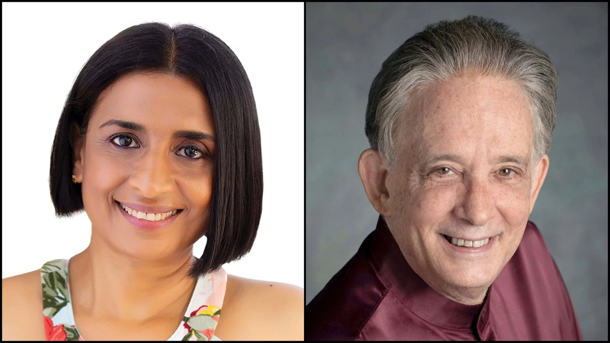 Side-by-side portraits of a smiling woman with black hair and a smiling man with gray hair, both facing forward.