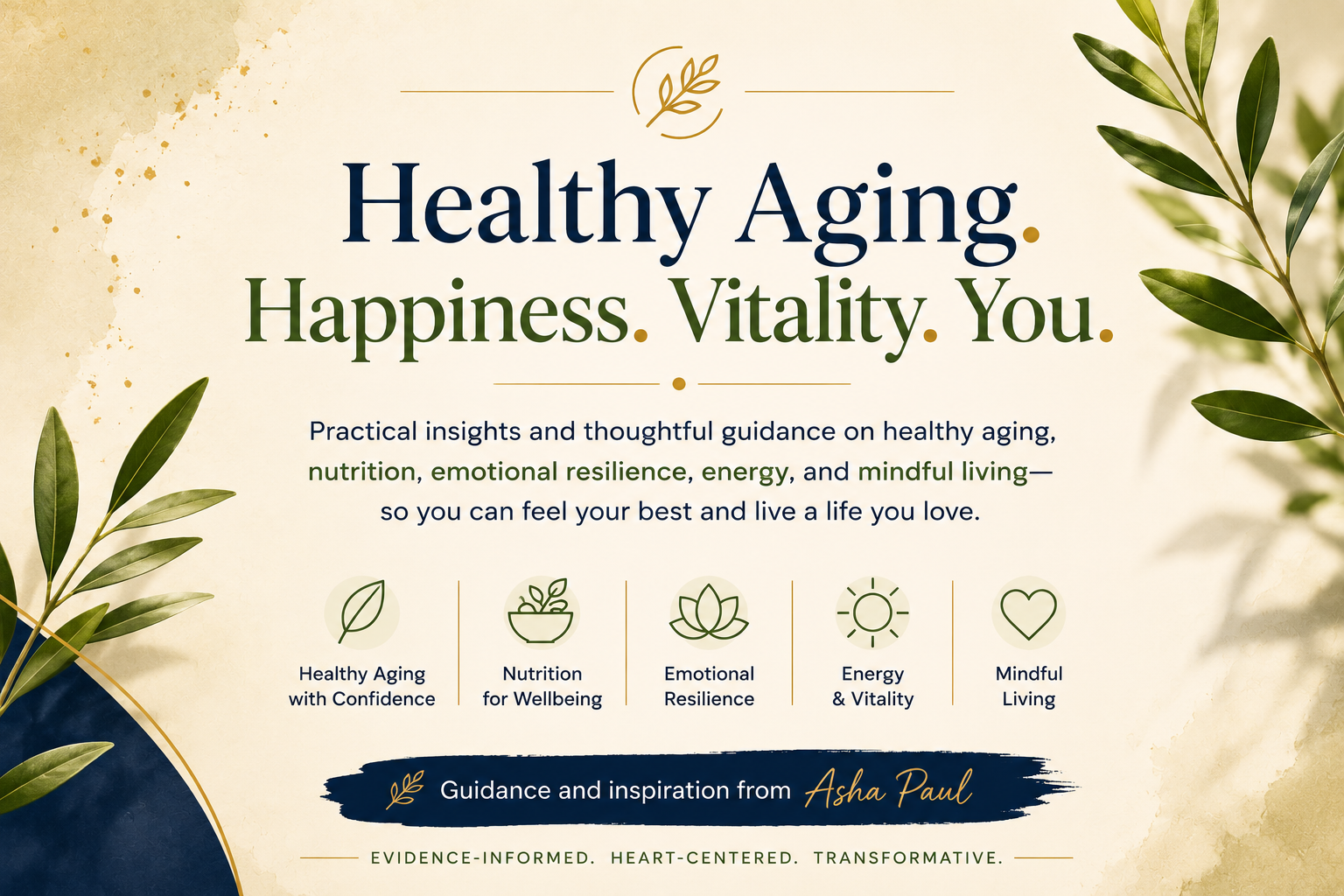 Newsletter banner for healthy aging, vitality, emotional resilience, and healthy living insights from Asha Paul