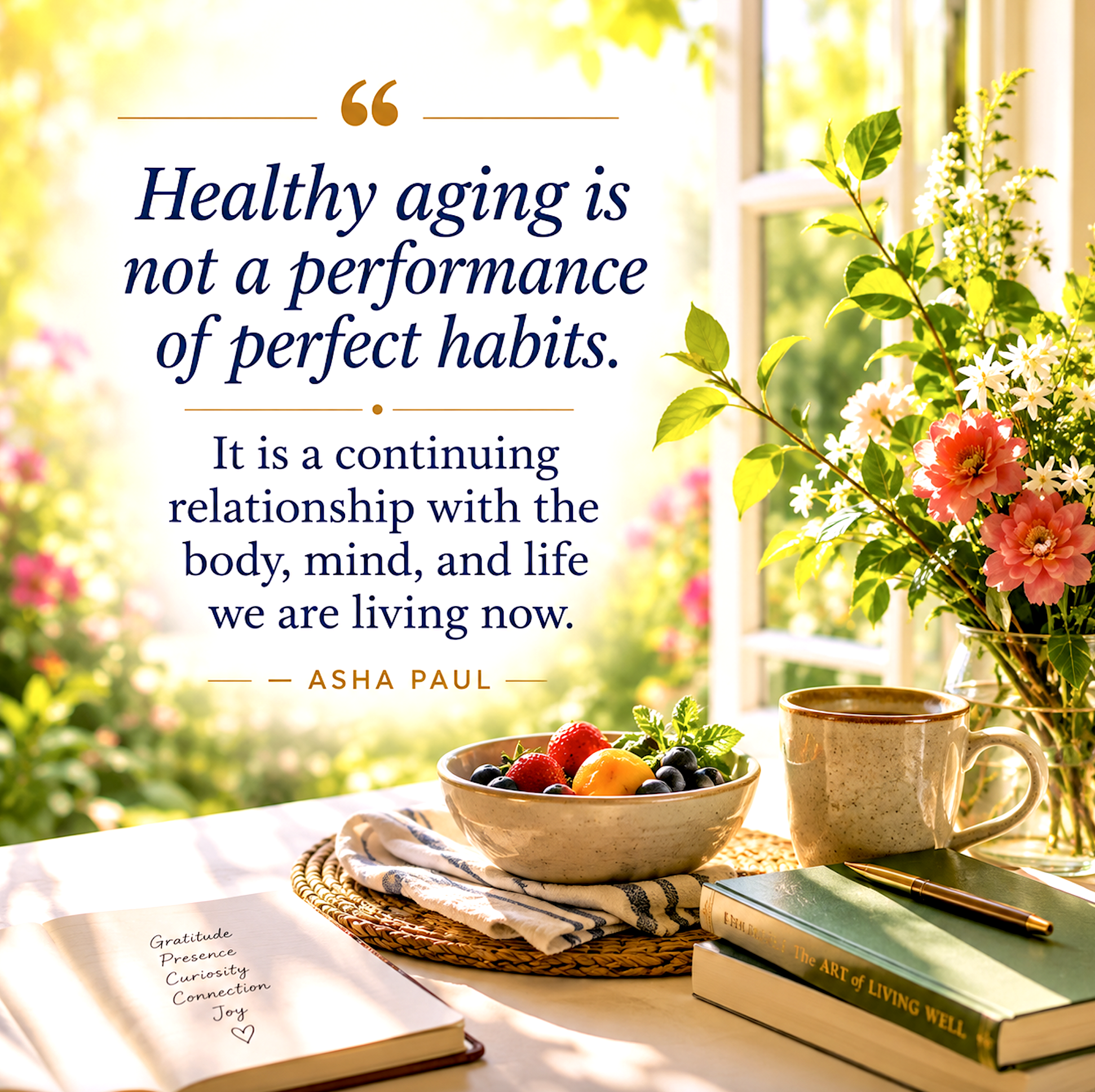 Quote graphic by Asha Paul: "Healthy aging is not a performance of perfect habits. It is a continuing relationship with the body, mind, and life we are living now." featuring a teacup, fruit bowl, journal, and flowers by a sunlit window.