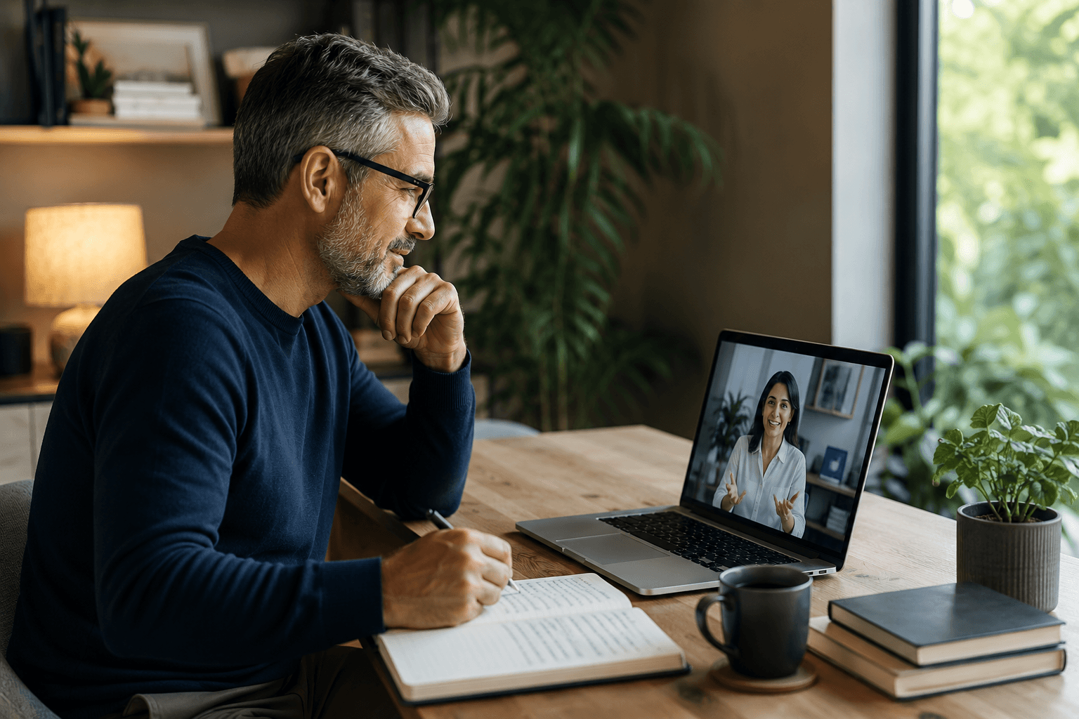Online private coaching session focused on healthy aging, emotional wellbeing, stress management, and lifestyle change.