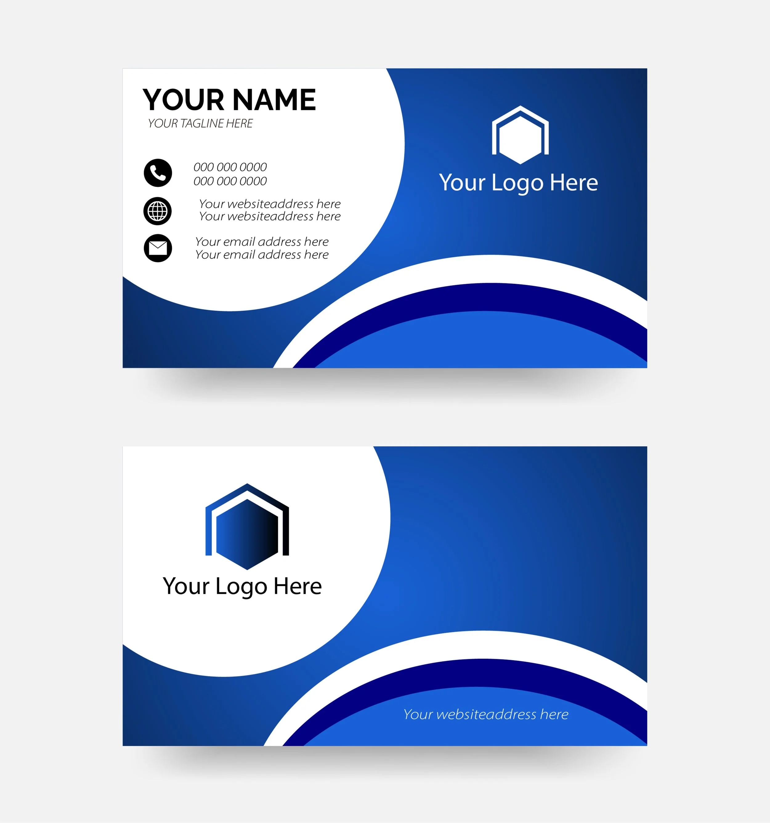 Two professional business card designs with blue and white color schemes, featuring placeholders for logo, contact info, and website.