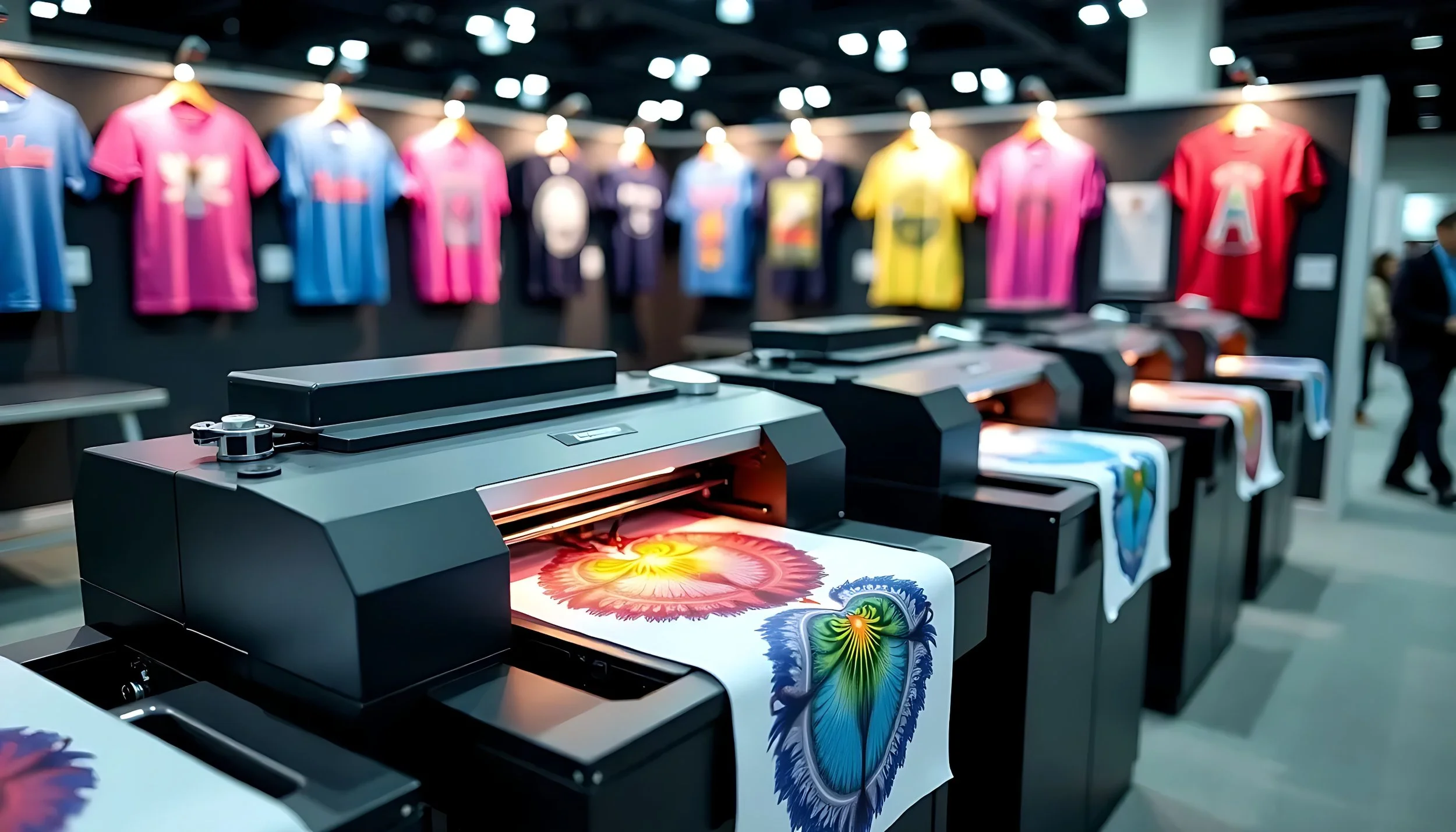 Several large-format printers printing colorful floral images at a trade show, with rows of brightly colored T-shirts hanging on a wall in the background.