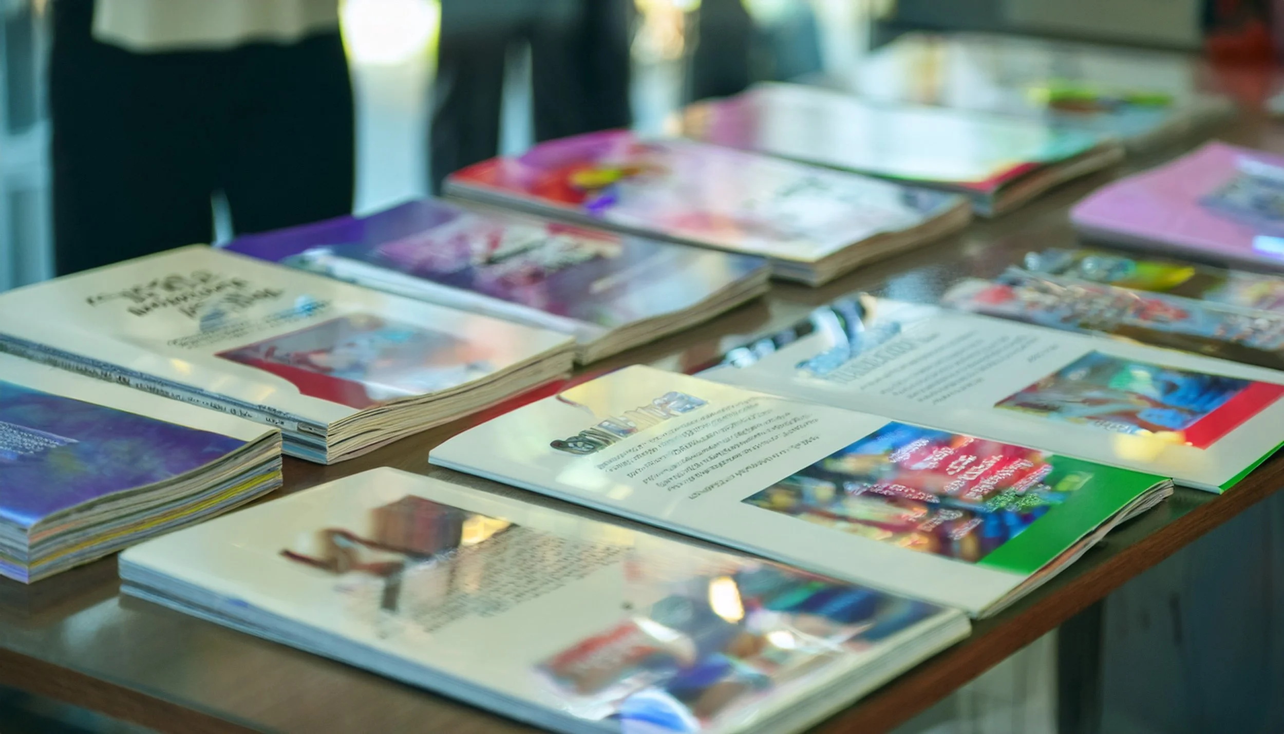 A wooden table displaying multiple colorful magazines and booklets, some open and some stacked, with a blurred background.
