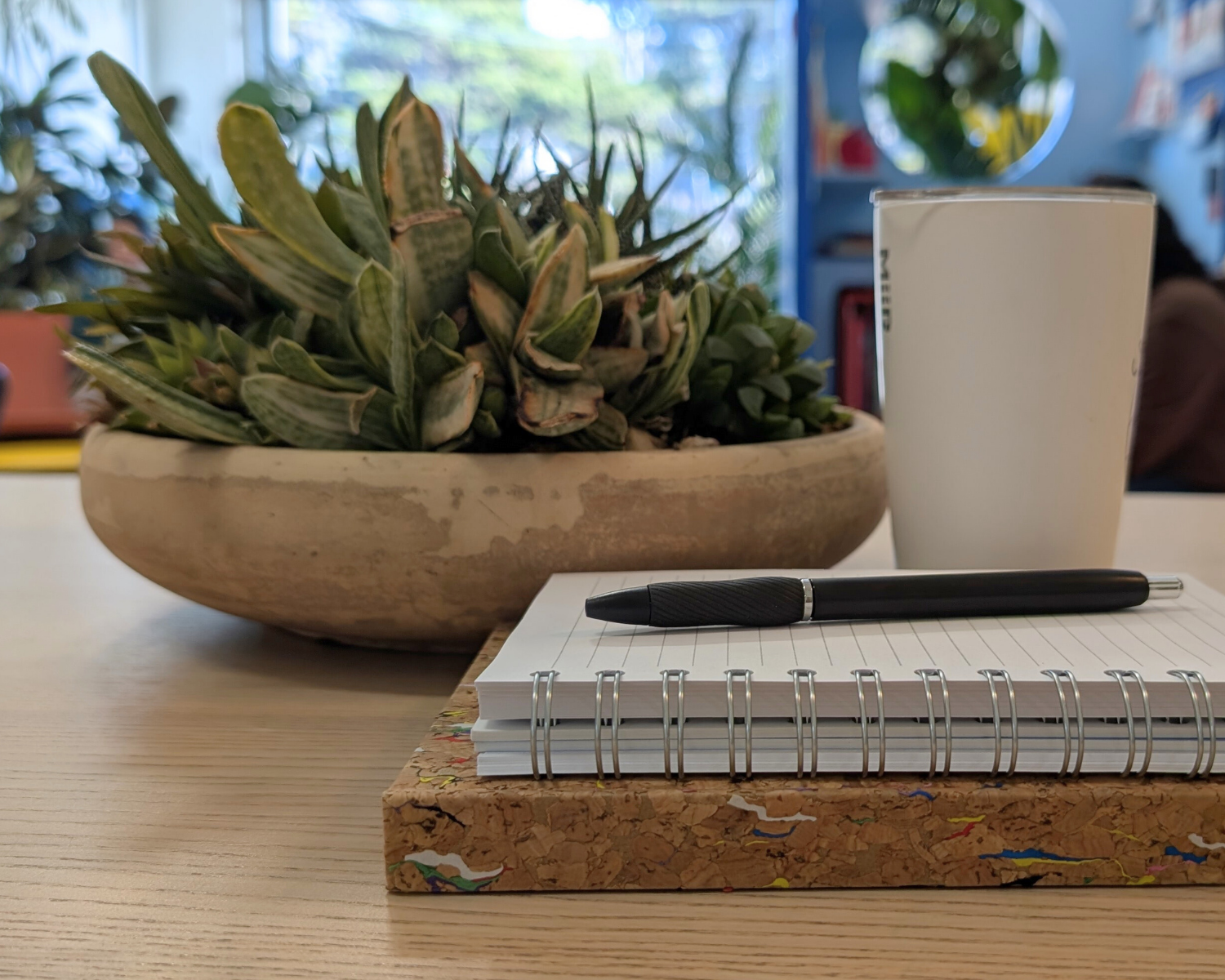 Marketing strategist at coffee shop with notebooks