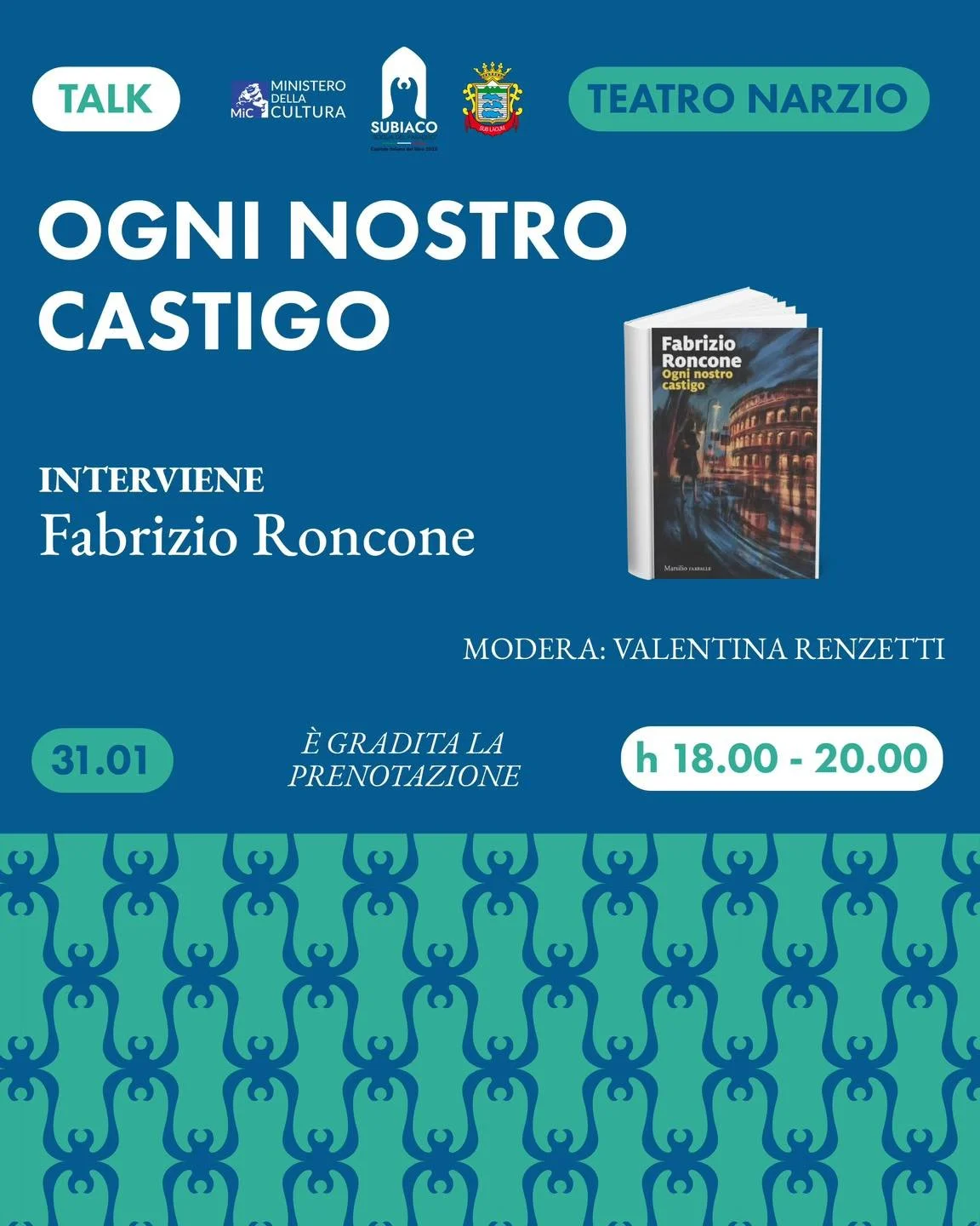 📚 𝐒𝐮𝐛𝐢𝐚𝐜𝐨 𝐂𝐚𝐩𝐢𝐭𝐚𝐥𝐞 𝐈𝐭𝐚𝐥𝐢𝐚𝐧𝐚 𝐝𝐞𝐥 𝐋𝐢𝐛𝐫𝐨 𝐢𝐧𝐜𝐨𝐧𝐭𝐫𝐚 𝐅𝐚𝐛𝐫𝐢𝐳𝐢𝐨 𝐑𝐨𝐧𝐜𝐨𝐧𝐞

🎭 Sabato 31 gennaio 2026, alle ore 18:00, il Teatro Narzio ospiter&agrave; un appuntamento di grande rilievo culturale con Fabriz