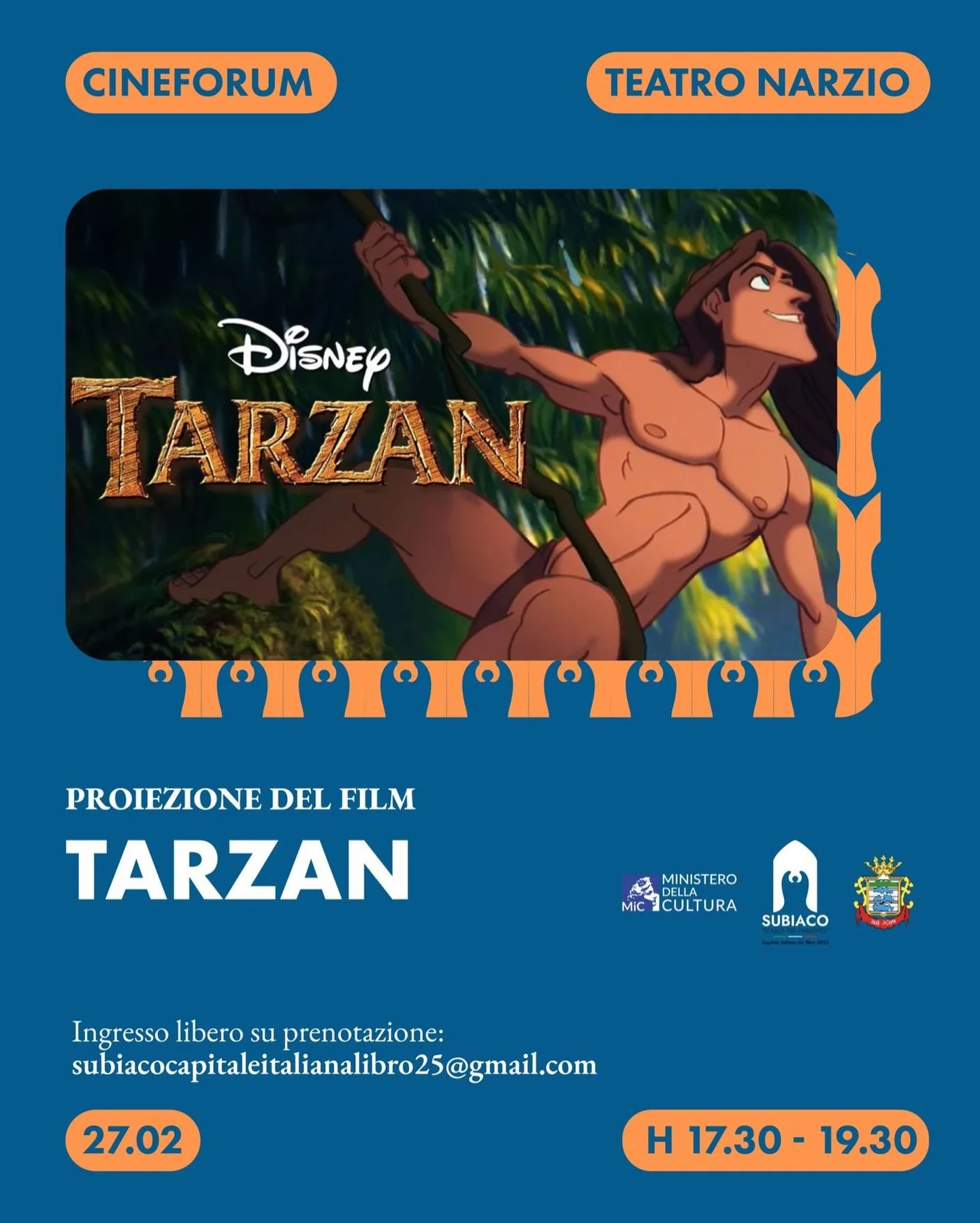 🎬 𝐂𝐢𝐧𝐞𝐟𝐨𝐫𝐮𝐦 𝐚𝐥 𝐓𝐞𝐚𝐭𝐫𝐨 𝐍𝐚𝐫𝐳𝐢𝐨

🌿 𝐓𝐚𝐫𝐳𝐚𝐧 arriva sul grande schermo!
Un pomeriggio di emozioni, avventura e magia Disney per grandi e piccoli.

🗓️ Venerd&igrave; 27 Febbraio
⏰ h 17.30 &ndash; 19.30
🎟️ 𝐈𝐧𝐠𝐫𝐞𝐬𝐬𝐨 𝐥