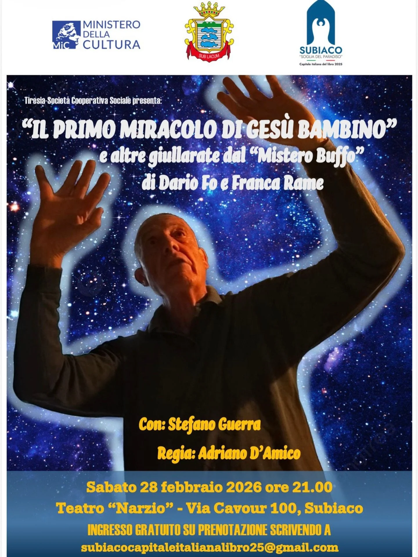 𝐈𝐥 𝐭𝐞𝐚𝐭𝐫𝐨 𝐢𝐧𝐜𝐨𝐧𝐭𝐫𝐚 𝐃𝐚𝐫𝐢𝐨 𝐅𝐨 ✨🎭

Sabato 28 febbraio 2026, il Teatro Narzio ospita
&ldquo;Il primo miracolo di Ges&ugrave; Bambino&rdquo;
e altre giullarate dal &ldquo;Mistero Buffo&rdquo; di Dario Fo e Franca Rame.

🌟 In scena