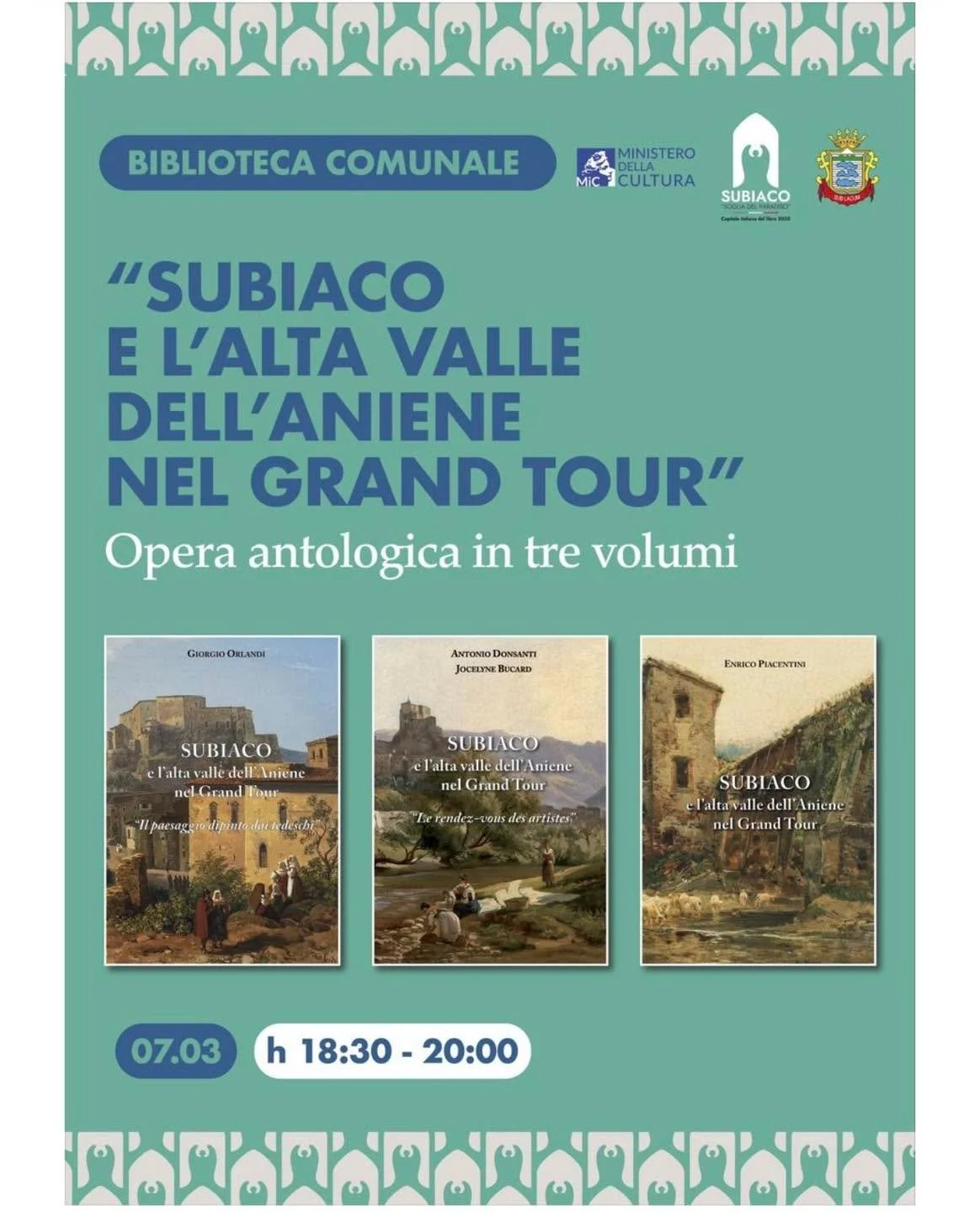 📚 &ldquo;𝐒𝐮𝐛𝐢𝐚𝐜𝐨 𝐞 𝐥&rsquo;𝐀𝐥𝐭𝐚 𝐕𝐚𝐥𝐥𝐞 𝐝𝐞𝐥𝐥&rsquo;𝐀𝐧𝐢𝐞𝐧𝐞 𝐧𝐞𝐥 𝐆𝐫𝐚𝐧𝐝 𝐓𝐨𝐮𝐫&rdquo;

Sabato 7 marzo 2026, alle ore 18:30, la Biblioteca Comunale sar&agrave; la cornice ideale per l&rsquo;incontro dal titolo: &ldquo;