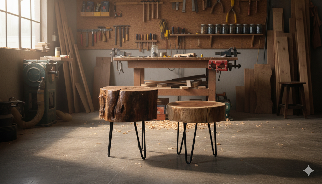 Wooden stools with metal hairpin legs in a woodworking workshop with tools and lumber in the background.