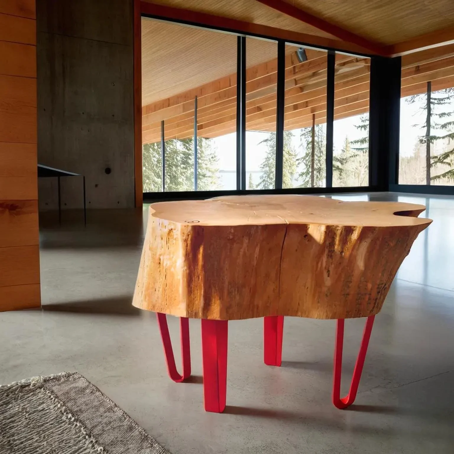 Wooden table with red metal hairpin legs in a modern room with large windows and a view of trees outside.