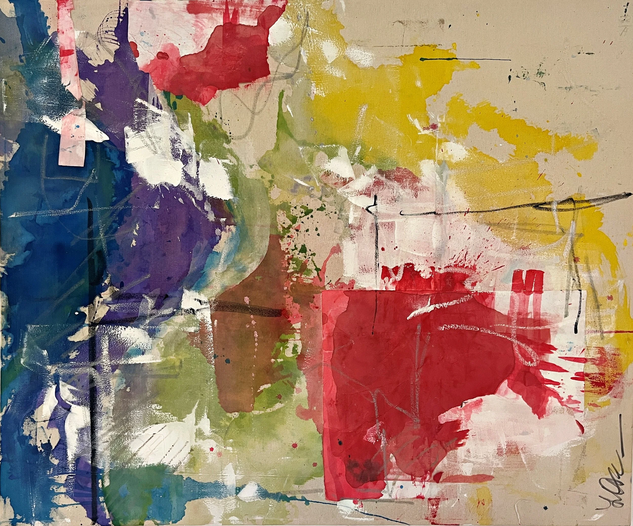 Abstract painting with splashes of red, yellow, purple, green, blue, and white on a beige background, featuring various brushstrokes and drips.