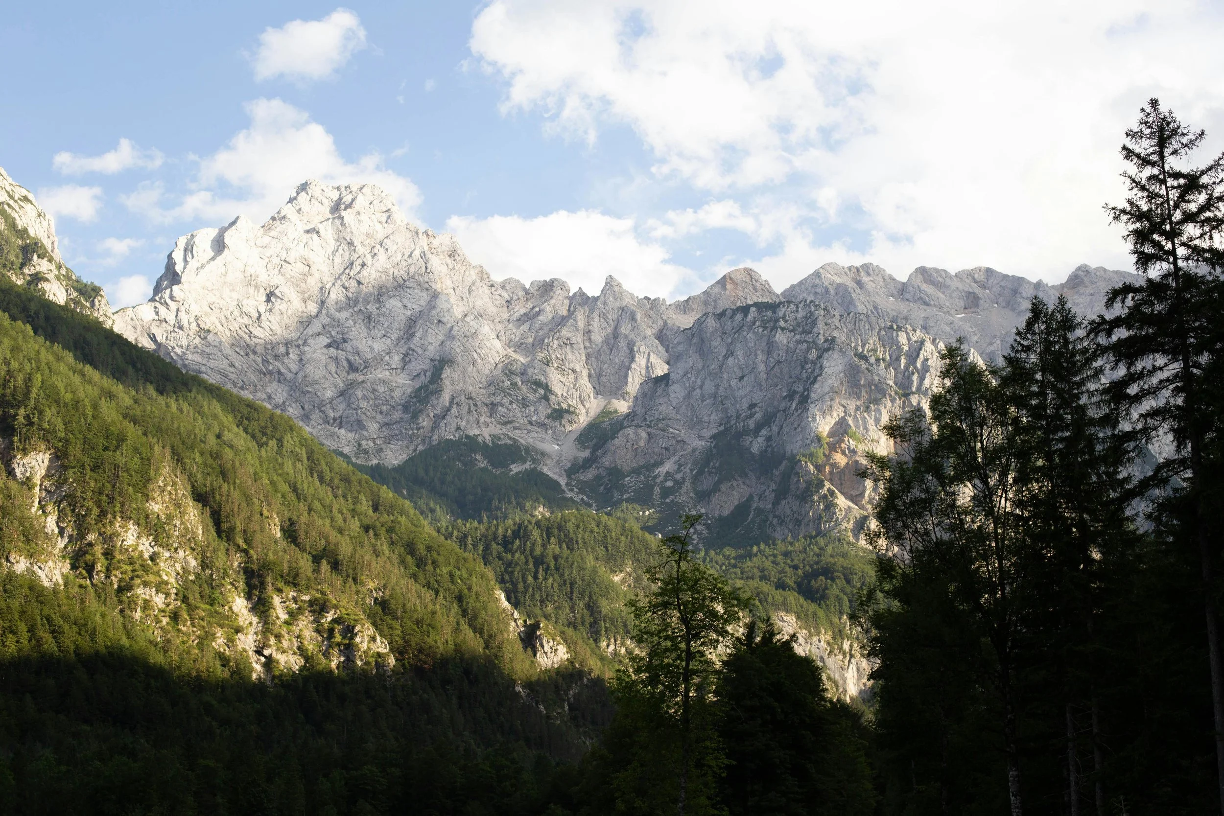 Mountain landscape with rocky peaks and green forested slopes under a partly cloudy sky.