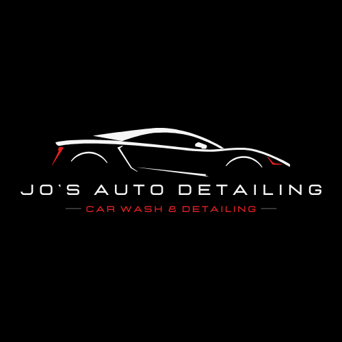 Logo for Jo's Auto Detailing featuring a stylized white car outline, with the business name and the words 'Car Wash & Detailing' in red on a black background.