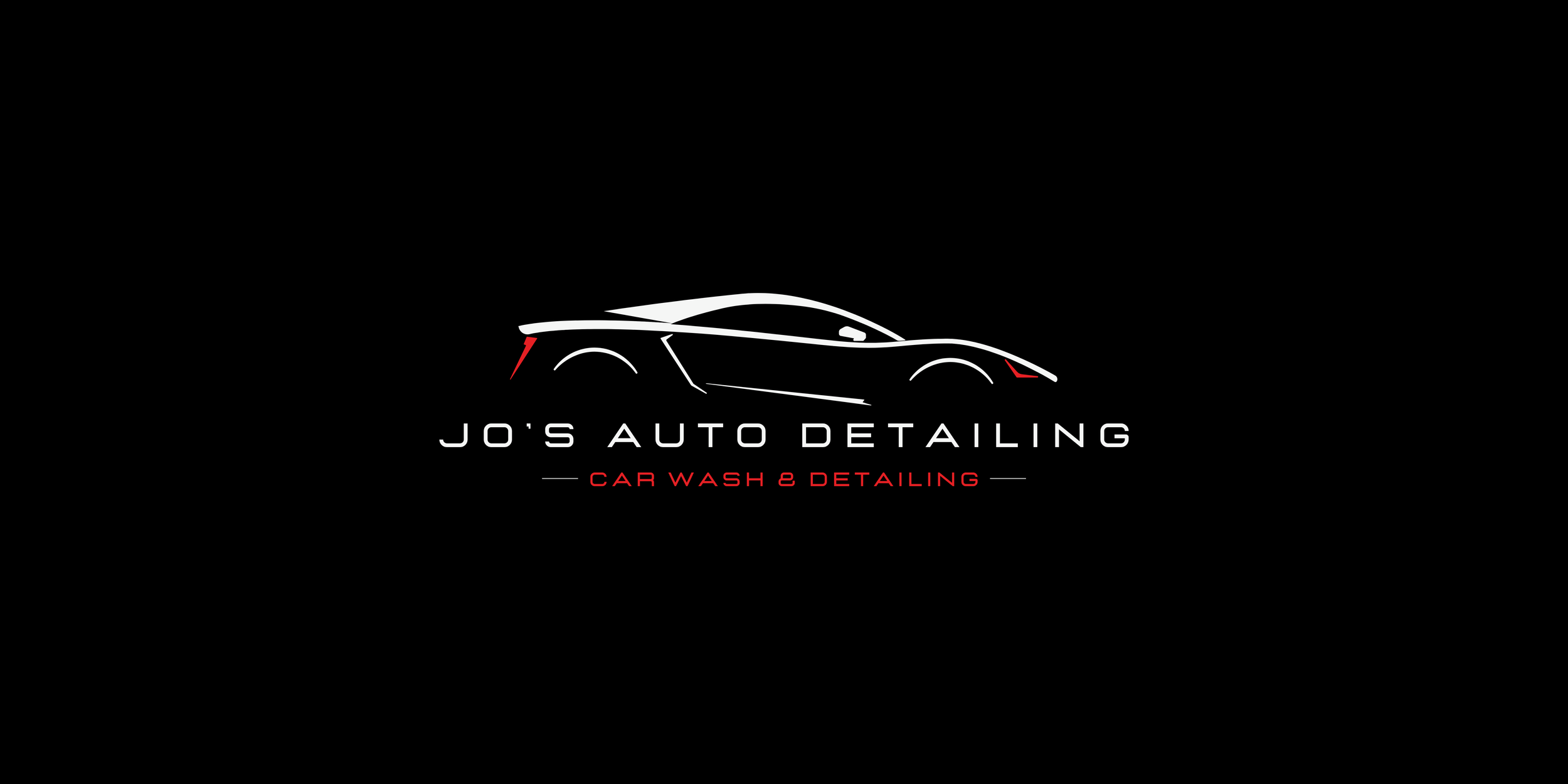 Logo for Jo's Auto Detailing featuring a stylized white outline of a sports car on a black background with the text 'Jo's Auto Detailing' in white and 'Car Wash & Detailing' in red.