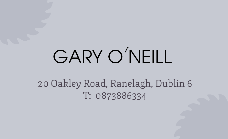 Business card with the name Gary O'Neill, in Ranelagh, Dublin 6, and local phone number.