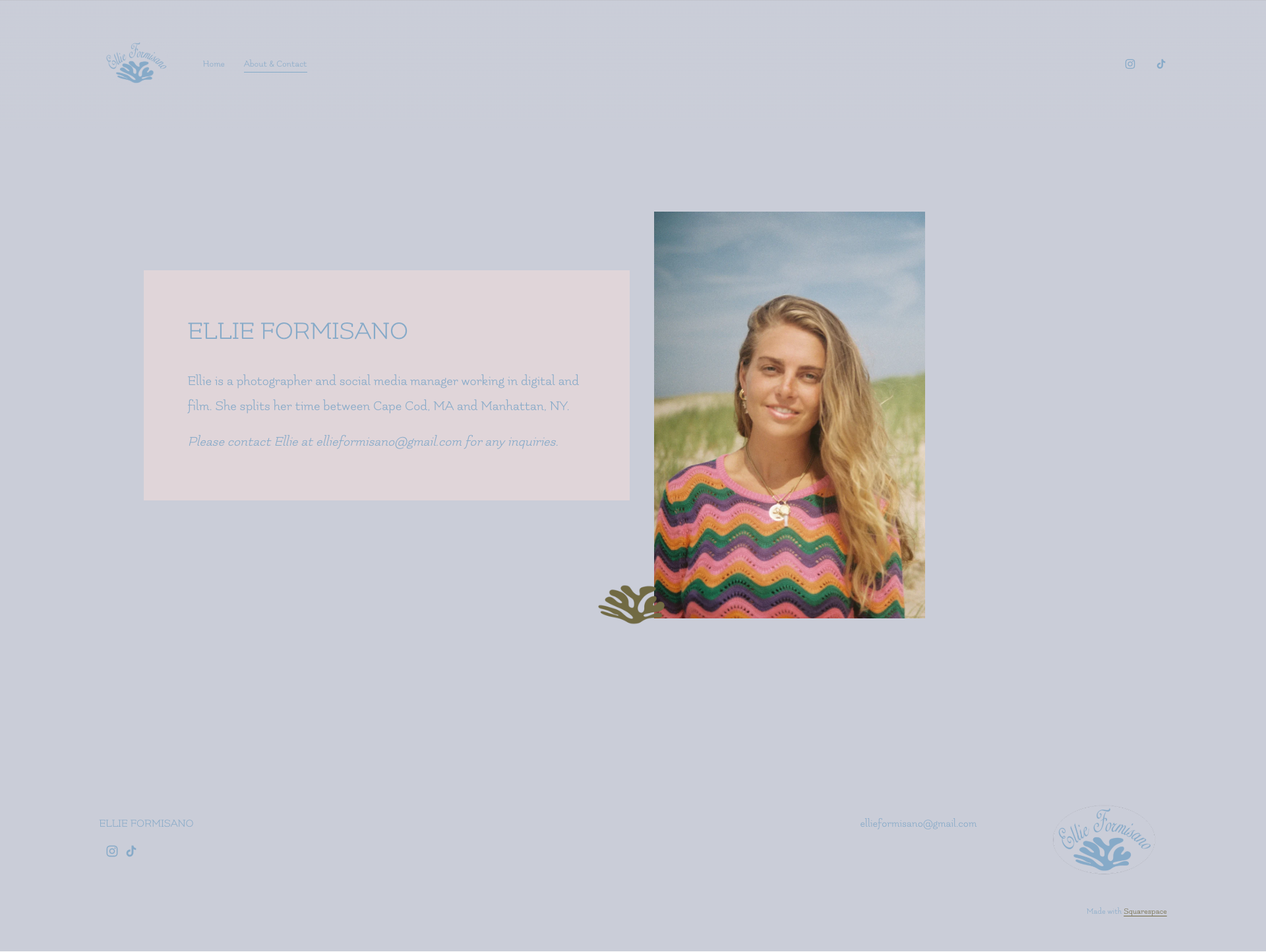 Web page featuring a portrait of Ellie Formisano smiling outdoors, with bio and contact info on a pastel-colored background.