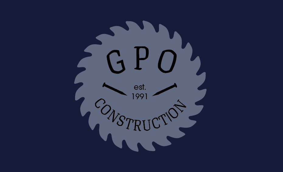 GPO Construction logo with a saw blade design, established in 1991, on a dark blue background.