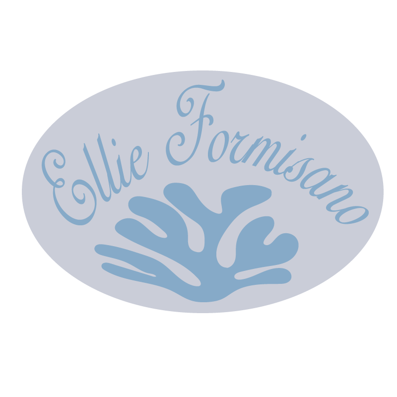 Logo with the text 'Ellie Formisano' in a cursive font above a stylized coral design, all in light blue on a white oval background.