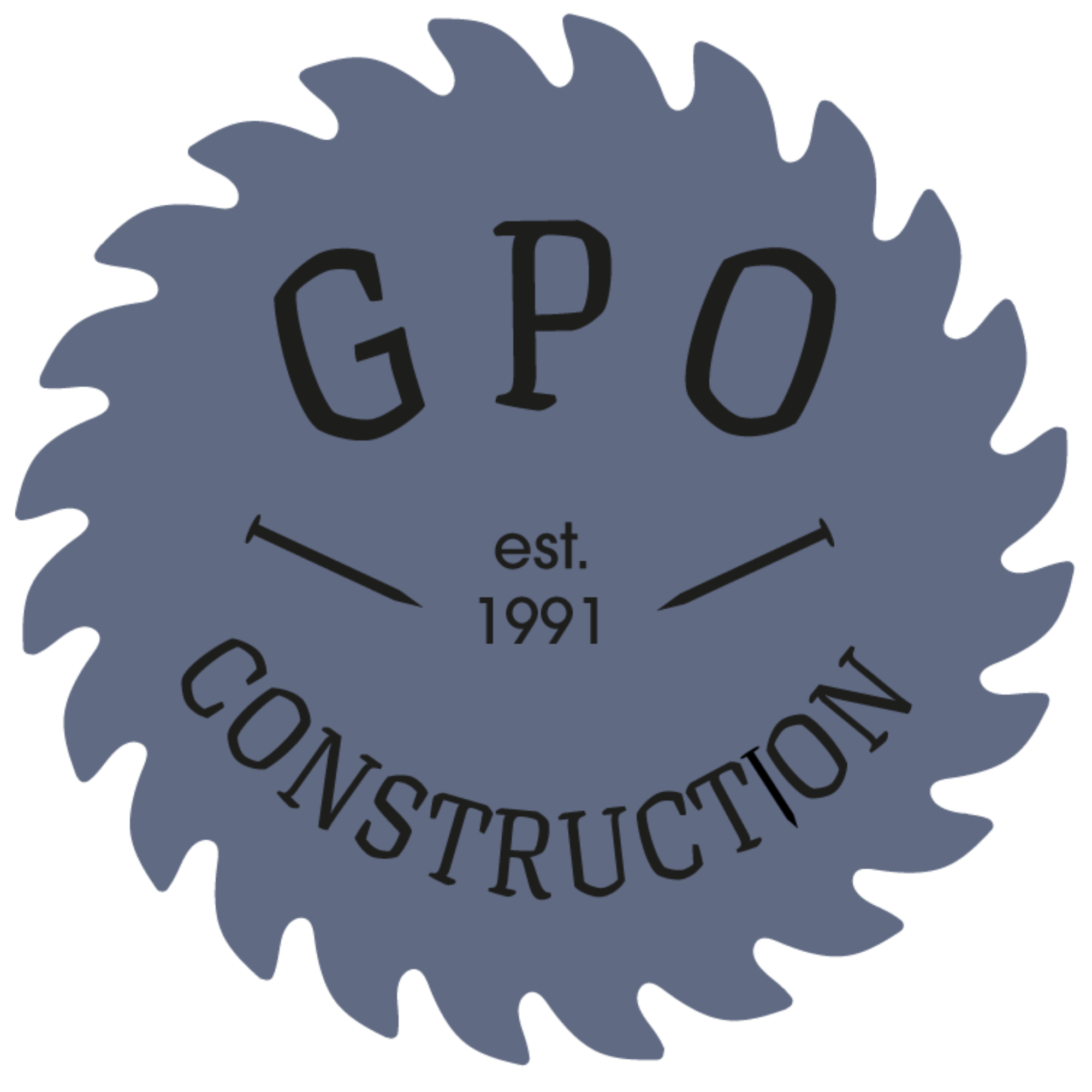 A circular logo with a jagged edge resembling a saw blade, featuring the text 'GPO' at the top, 'Construct' at the bottom, and 'est. 1991' in the center. Two arrows point outward from the middle.