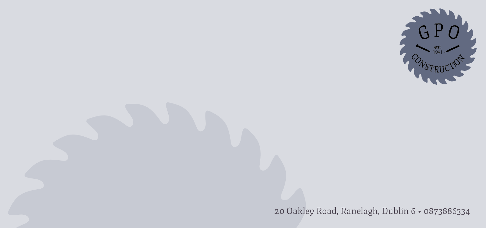 Construction company letterhead with a saw blade logo in the top right corner, light gray background, and address at the bottom.