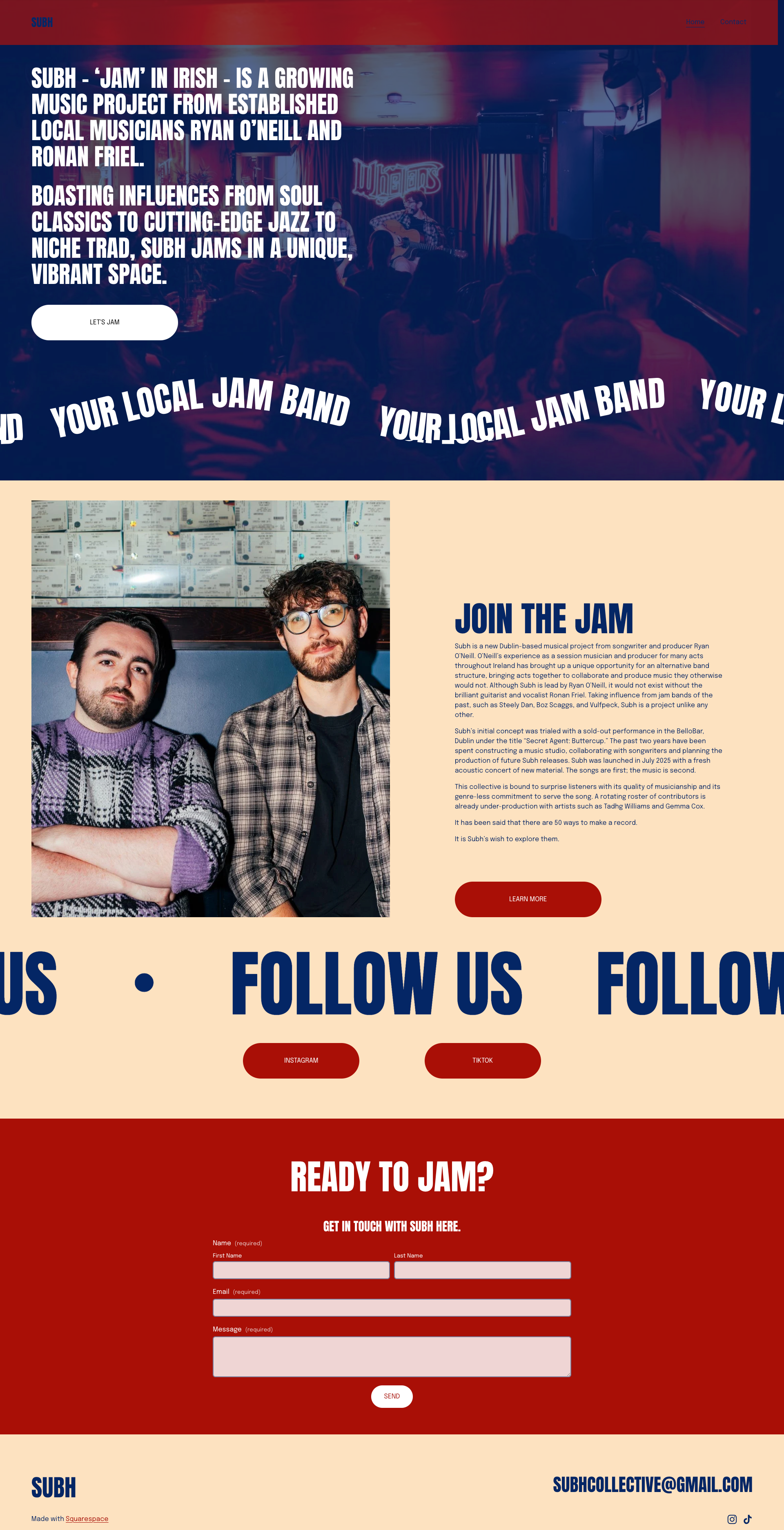 The homepage of a Dublin Ireland music project website called SUBH, featuring a dark stage with musicians, an about section with two men, social media follow buttons, a contact form on a red background, and footer with contact email and social icons.