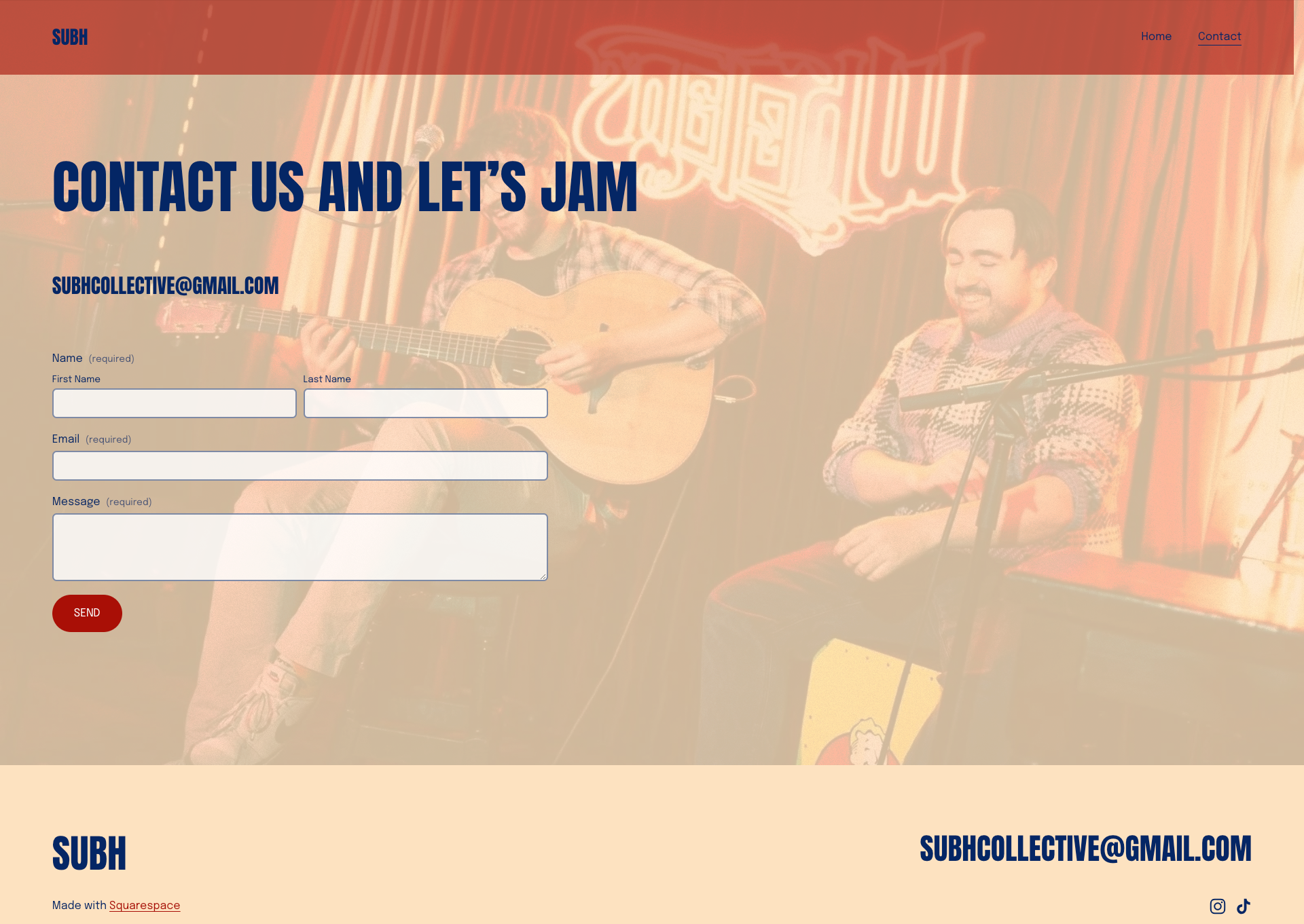 A website contact page overlaying a photo of two men playing music on stage with a red and beige color scheme.
