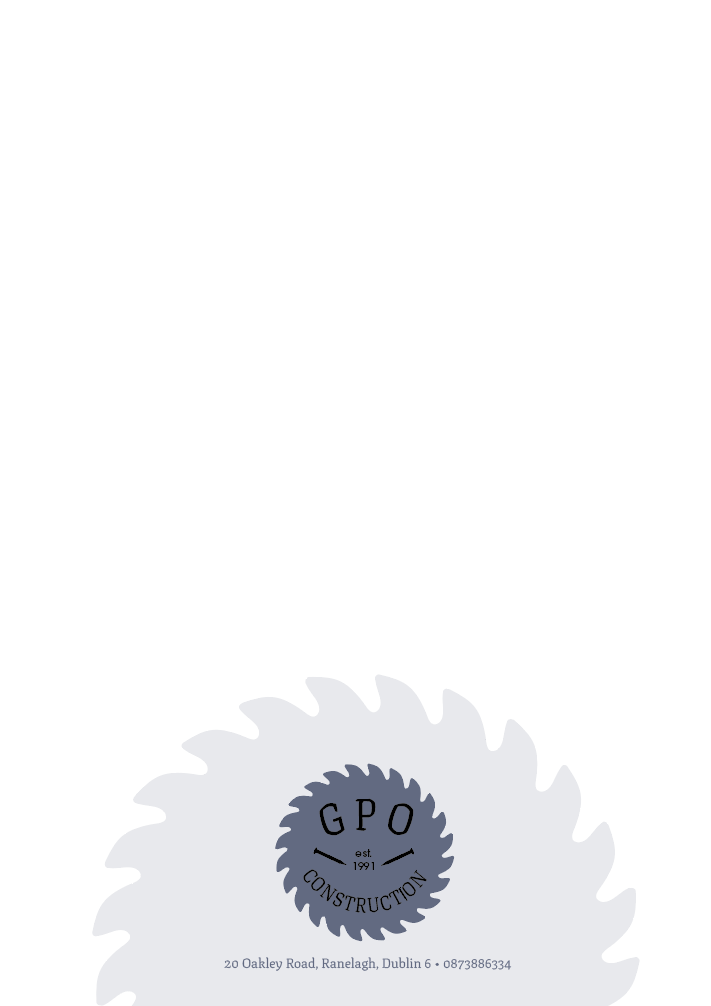 GPO Construction logo with a circular saw blade design and address at Oakley Road, Ranelagh, Dublin.