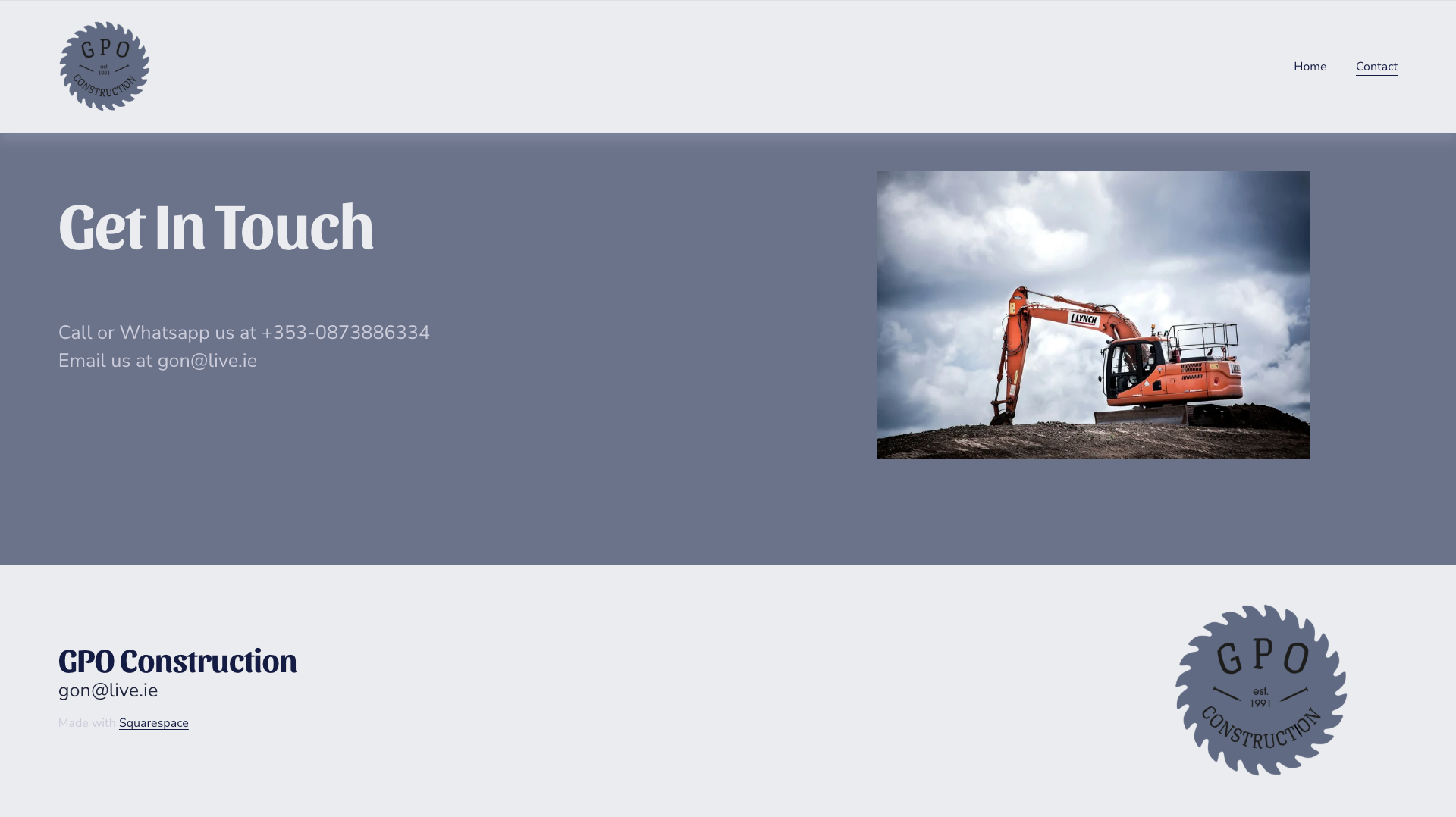 GPO Construction website showing a contact section with a logo at the top left, a picture of an orange excavator on a construction site under a cloudy sky, and a footer with company contact information.