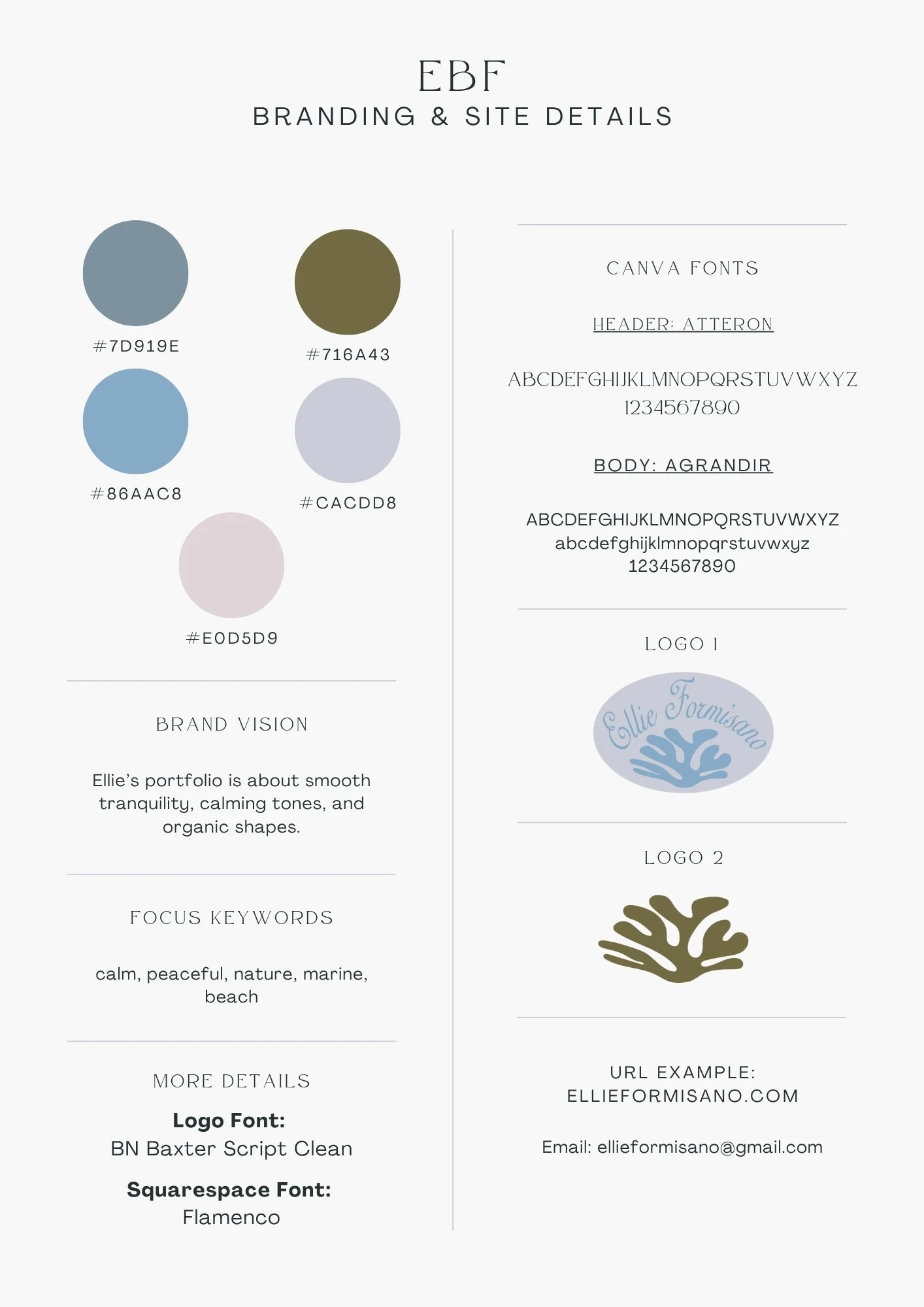 Branding and site details for Ellie Formisano, featuring color palette, font information, logo designs, and brand vision about calm, peace, and nature.