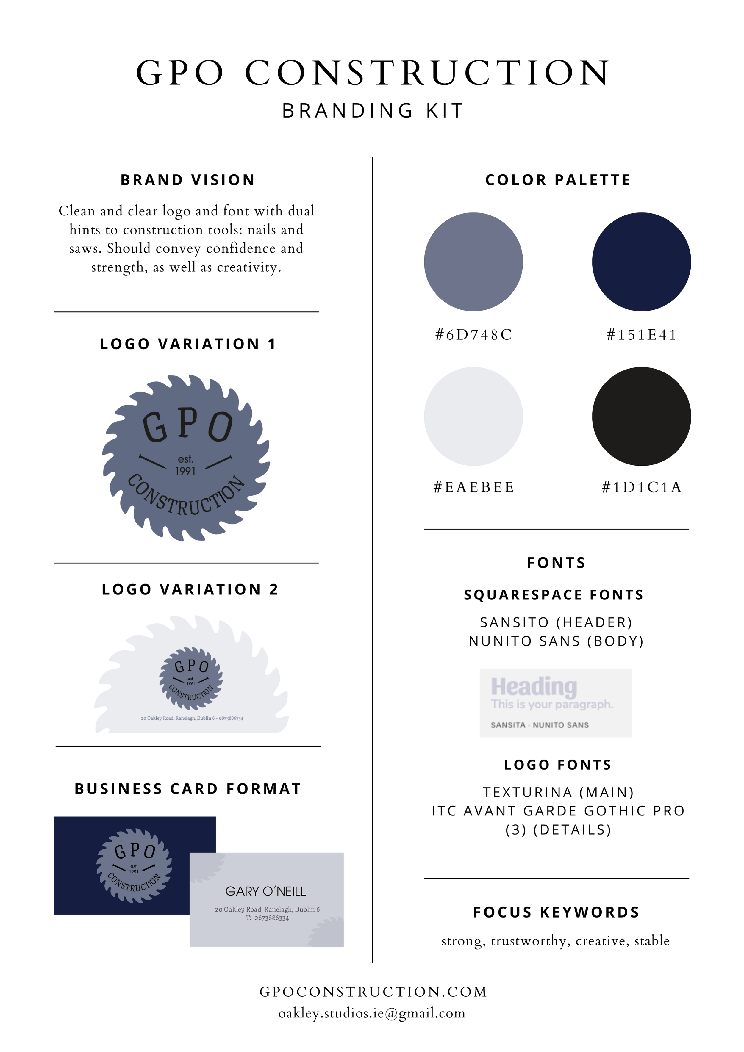 GPO Construction branding kit including logo variations, color palette with gray, navy, light gray, and black, font options with Squarespace and custom logo fonts, business card template, and focus keywords description.