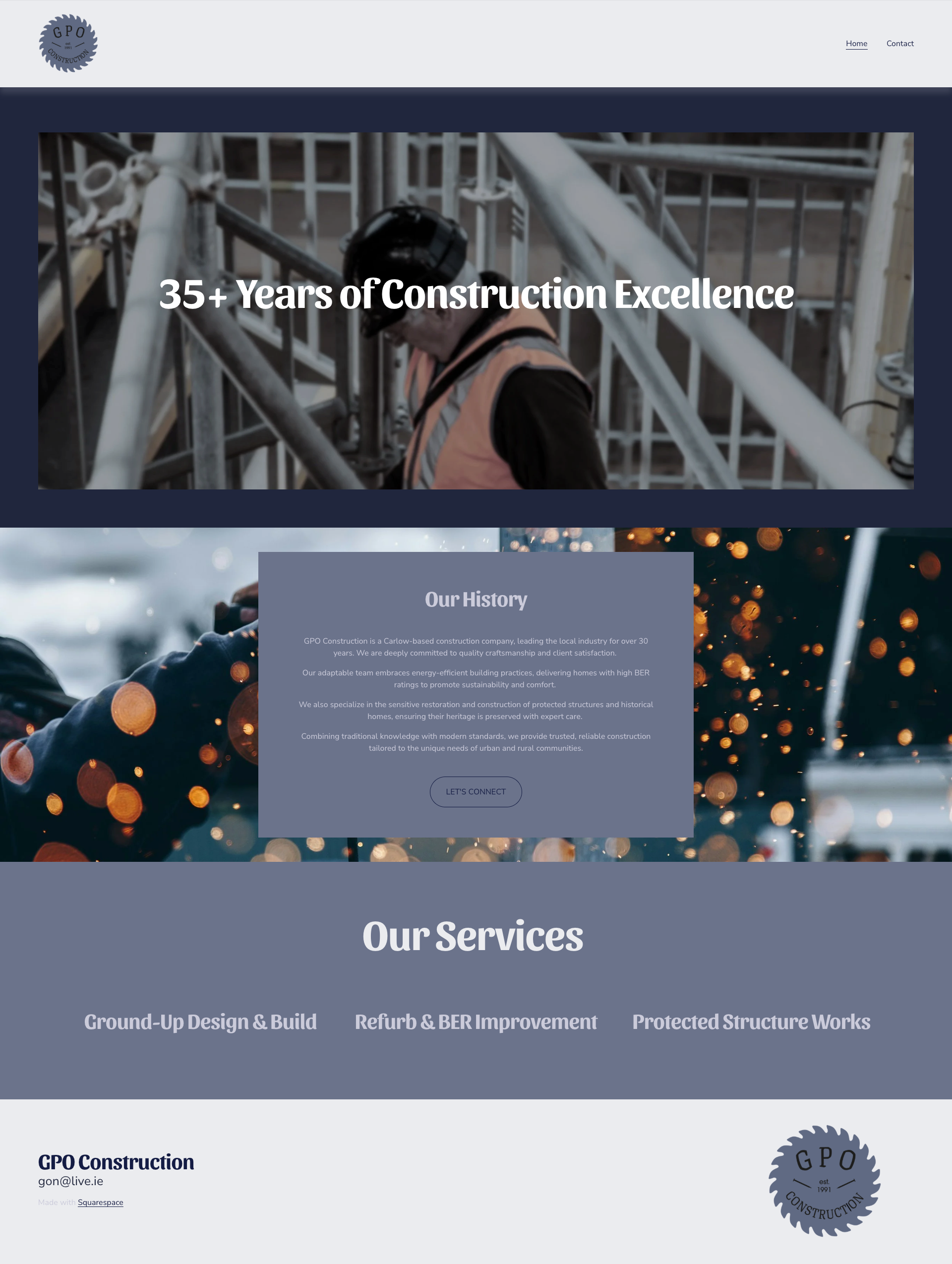Construction company's website homepage showing a construction worker on site, with sections about the company's history and services including ground-up design and build, refurbishment and BER improvement, and protected structure works.