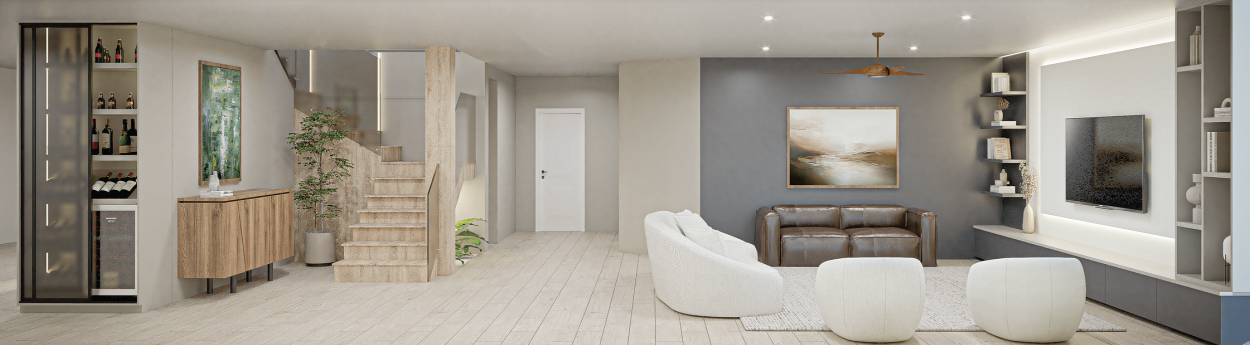 Sala moderna con sillones blancos y marrón, pared gris con pintura abstracta, estanterías con libros y decoraciones, televisión, y suelo de madera clara.