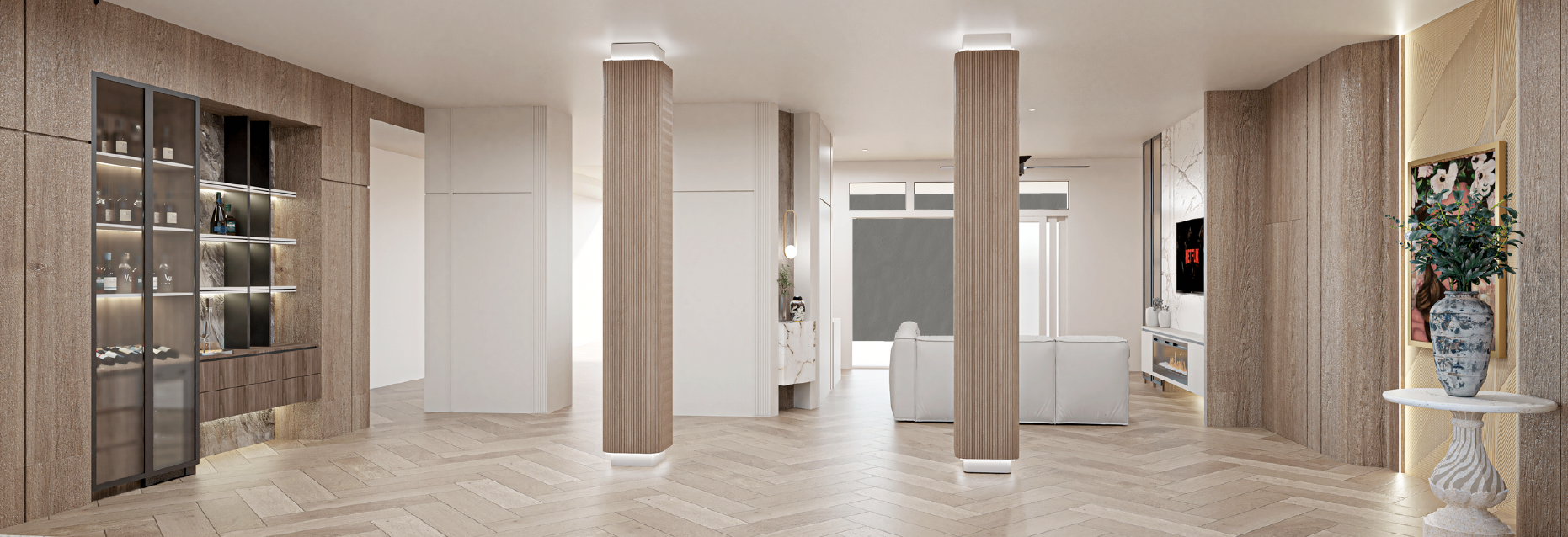 Interior moderno y minimalista con madera clara en paredes y columnas, sala de estar con sillones blancos y televisión, y decoración elegante, incluyendo una planta en un jarrón y una repisa con vino y bebidas.