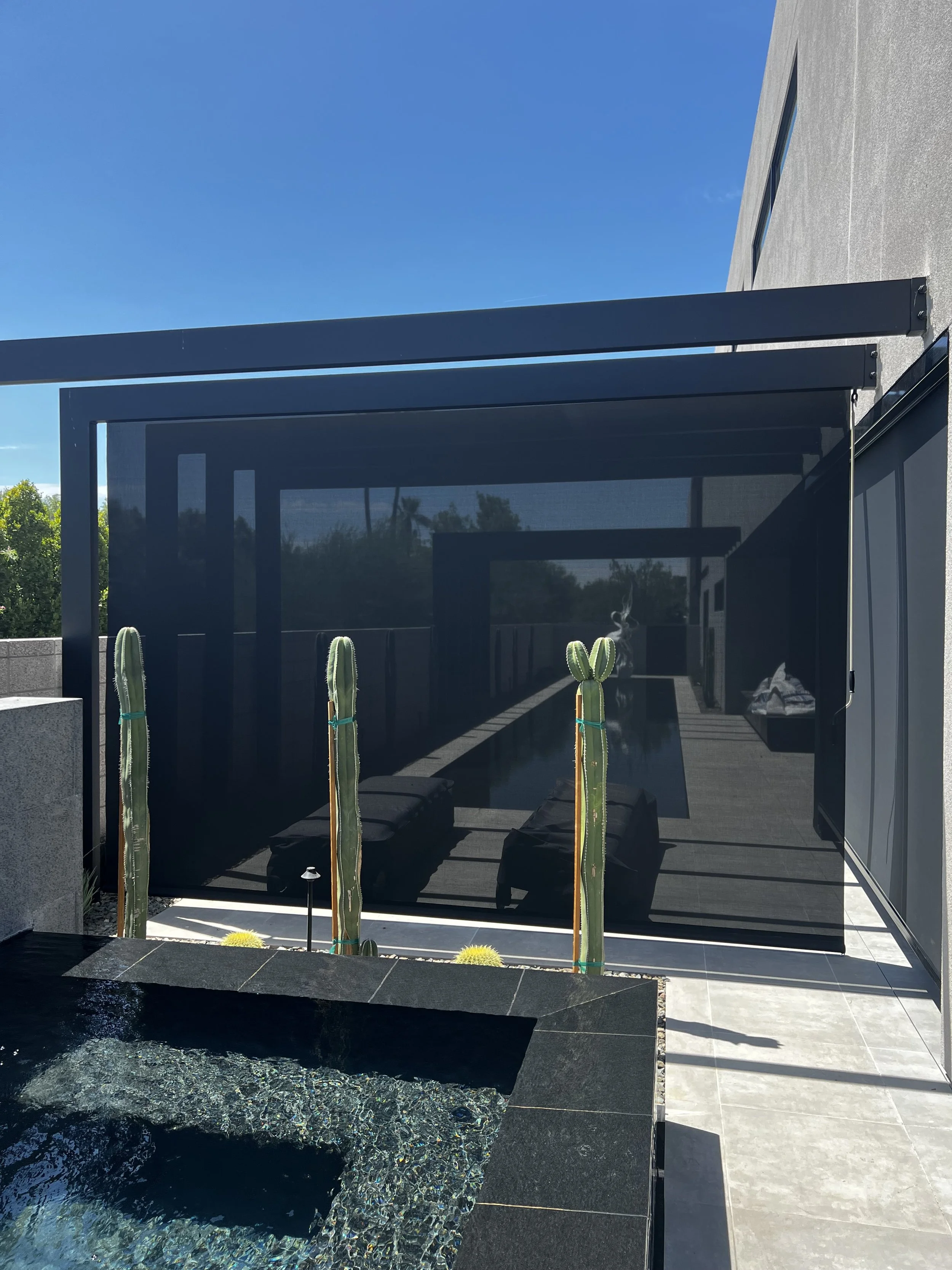 A modern outdoor patio area with a small pool, three tall cacti, and a black screen or shade structure on a sunny day.