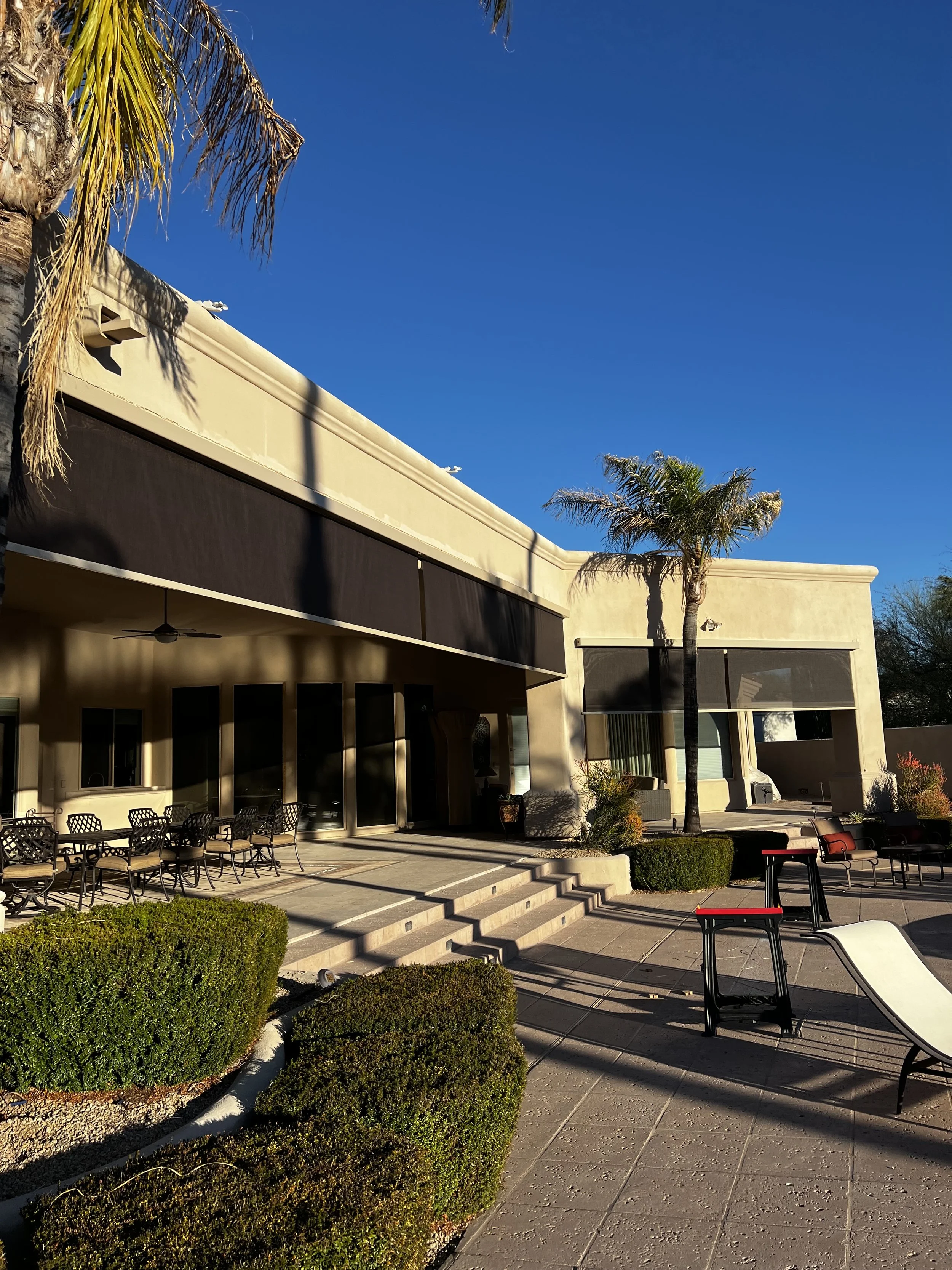 Sunny outdoor patio with bushes, a palm tree, outdoor furniture, and a building with large windows and shades, under a clear blue sky.