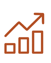 Red upward-trending bar graph and arrow indicating growth or increase.