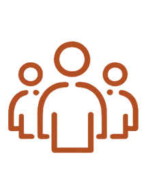 Red icon of three people, one larger in the front and two smaller behind, representing a group or team.