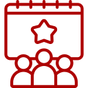 Icon of a calendar with a star, showing a group of three people below it.