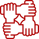Three red line drawings of hands stacked on top of each other.