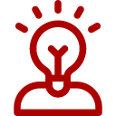 Red outline of a person with a lightbulb above their head, symbolizing an idea or inspiration.