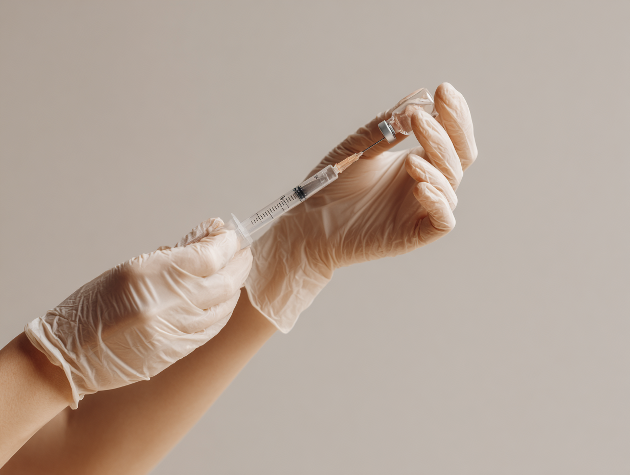 A person wearing white gloves holding a syringe with a needle, preparing to administer a Botox or Dysport injection in Cypress, TX