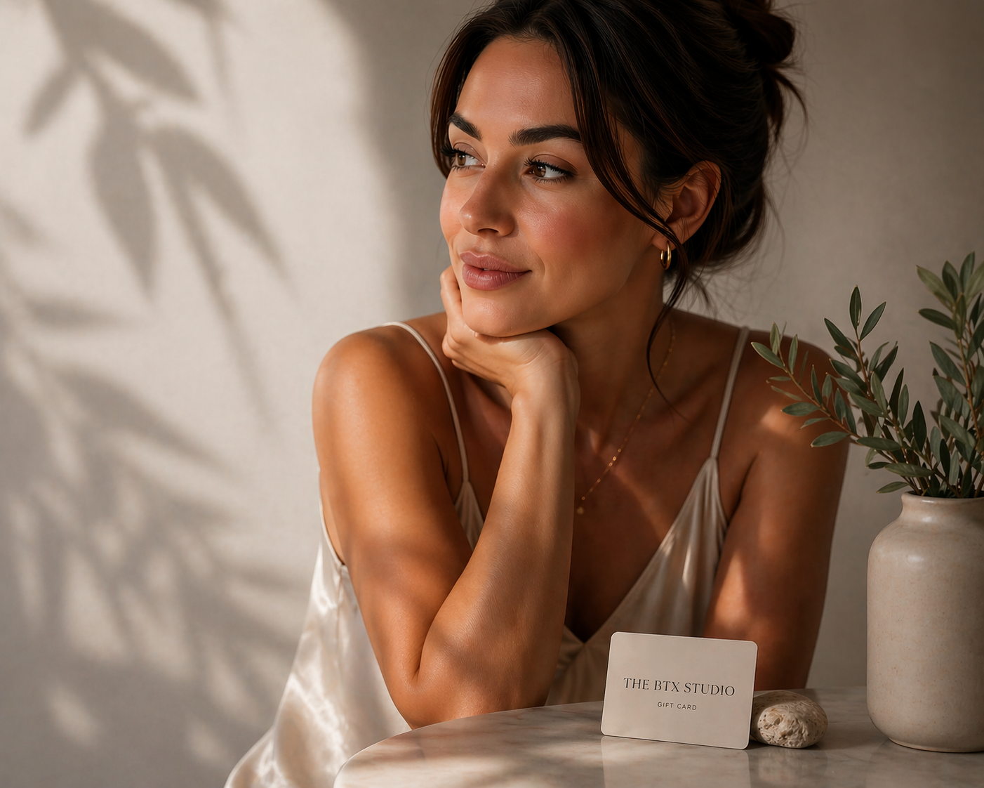 A young woman with brown hair sits at a marble table. On the table in front of her are a potted olive branch, a gift card from The BTX Studio, and a stone. She gets Botox in Cypress, TX.