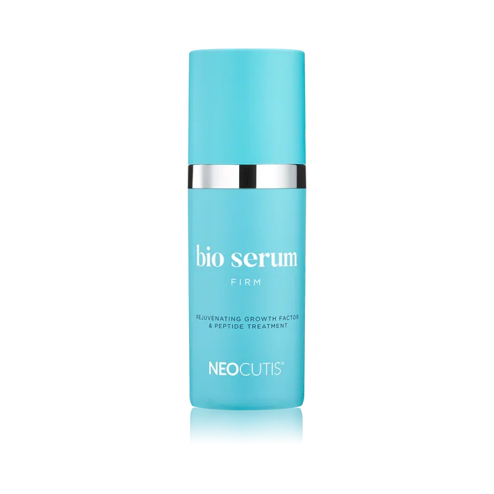 Blue bottle of NEOCUTIS bio serum firm with a silver band, labeled as rejuvenating growth factor and peptide treatment.