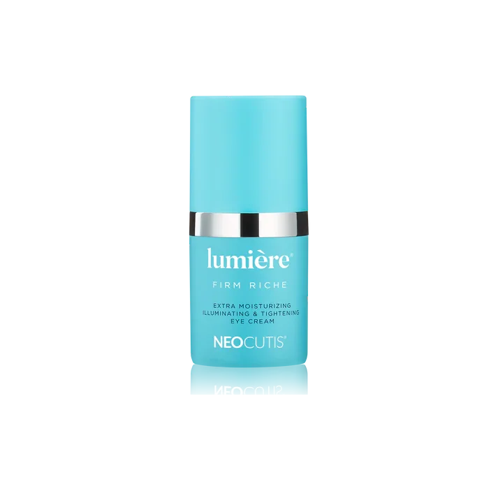 Blue bottle of Lumière Firm Riche eye cream with silver band