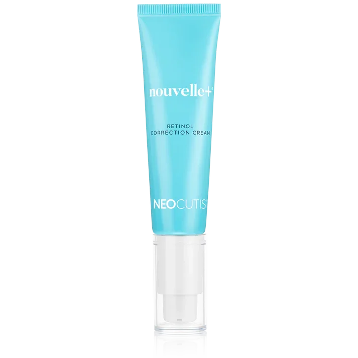 Blue squeeze tube labeled 'nouvelle+', 'retinol correction cream', and 'NEOCUTIS'.